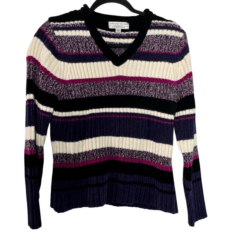 CAROLYN TAYLOR Women’s‎ Sz M Multicolor Striped V-Neck Ribbed Knit Sweater